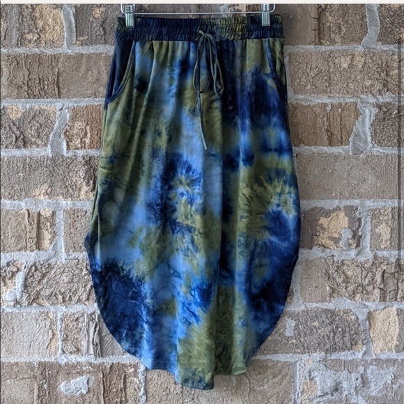 Cozy Casual Blue Green Tie Dye Midi Skirt Medium - Picture 1 of 6